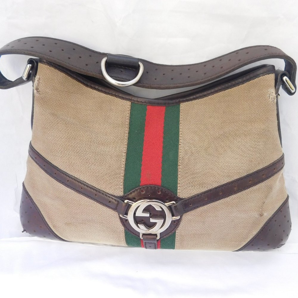 GUCCI SUPREME CANVAS RED GREEN STRIPE SHOULDER BAG